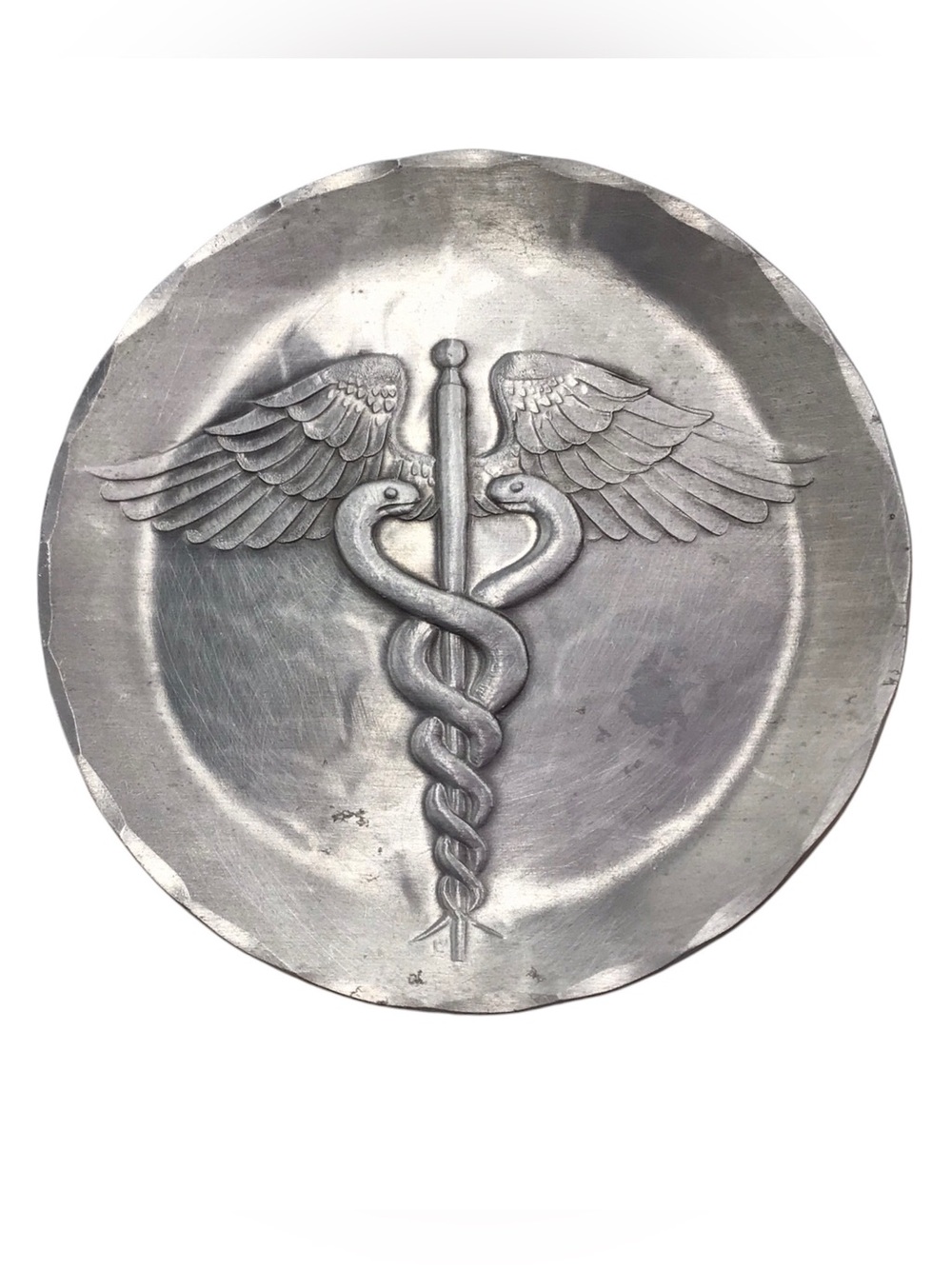 Vintage Small Caduceus Plate, Hand Made Hammered Aluminum, Medical Doctor Nurse